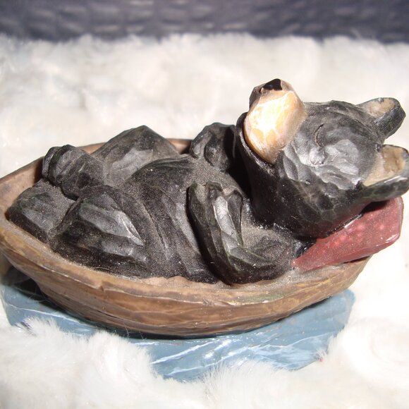 Hand Carved Look 2 Black Bear Fishing Figurines - Picture 3 of 7
